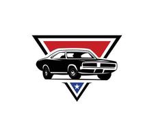 Muscle-Car-Logo - Vektorauto isoliert auf Schwarz sieht elegant von einer stilvollen Front aus und eignet sich hervorragend für Banner, Vorlagen, Embleme, Abzeichen, Kleidung
