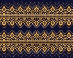 Geometrische ethnische Textur-Stickerei-Design mit dunkelblauem Hintergrunddesign, Rock, Tapete, Kleidung, Verpackung, Stoff, Blatt, gelbes Dreieck formt Vektor, Illustrationsmuster vektor