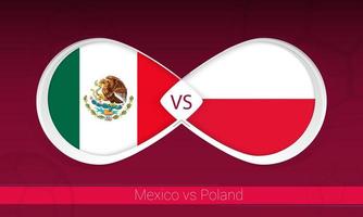 mexiko gegen polen im fußballwettbewerb, gruppe a. gegen Symbol auf Fußballhintergrund.