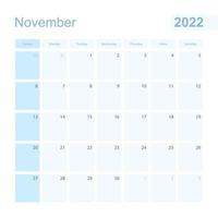 2022 November Wandplaner in blauer Farbe, Woche beginnt am Sonntag. vektor
