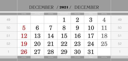december 2021 kvartalsvisa kalenderblock. väggkalender på engelska, veckan börjar från söndag. vektor