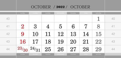 oktober 2022 kvartalsvisa kalenderblock. väggkalender på engelska, veckan börjar från söndag. vektor