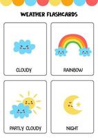 söta tecknade väderelement med namn. flashkort för barn. vektor