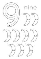 karteikartennummer 9. vorschularbeitsblatt. schwarze und weiße Früchte. vektor