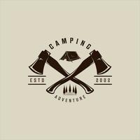 korsade yxor camping logotyp vektor vintage illustration mall ikon grafisk design. natur läger skog tecken eller symbol för utomhus resor koncept med retro typografi stil