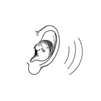 Gekritzel hörende Geräusche des menschlichen Ohrs. hand gezeichnetes hörsymbol. Vektor-Illustration isoliert auf weißem Hintergrund vektor