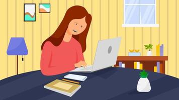 kvinna som arbetar på laptop i sitt hem, flicka som arbetar med laptop i rummet, arbetar på distans koncept vektor