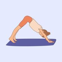 Mädchen, das Yoga auf der Gymnastikmatte praktiziert. Kinder Yoga Kinder. meditierendes kind, das in einer einbeinigen, nach unten gerichteten hundeübung steht, eka pada adho mukha svanasana pose. handgezeichnete flache illustration vektor