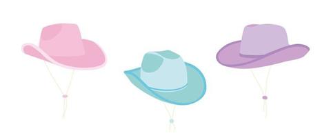 Reihe von Cartoon-Cowboy-Hüten mit Zugbändern. Partyhut. Modestil des Wilden Westens. Cowboy-Western-Thema, Wild-West-Konzept. hand gezeichnete flache farbillustration. Alle Elemente sind isoliert vektor