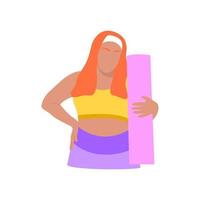 Plus-Size-Frau in einer Sportuniform mit Yogamatte. Fitnessstudio nach Hause. gesunder lebensstil, fit bleiben, training, motivation, sport. Körper positive übergewichtige Frau. hand gezeichnete flache illustration vektor