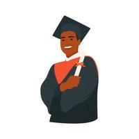 lächelnder Afroamerikaner im Abschlusskostüm, der sein Diplom zeigt. mann mit abschluss in mantel und akademischer quadratischer kappe. Abschlusszeremonie. hand gezeichnete flache vektorillustration des charakters vektor