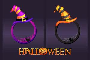 halloween-rahmen mit hut, runde avatare leer für spieldesign. vektorillustration festliche rahmen mit spinnennetz für ui.
