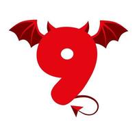 Devil Red 9 Nummer mit Flügeln für UI-Spiele. gruseliger dunkler Cartoon-Dämon neun.