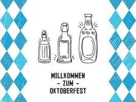 oktoberfest 2022 - ölfestival. handritade uppsättning doodle element. tysk traditionell semester. kontur glas ölflaskor med bokstäver och blå romber på en vit bakgrund. vektor