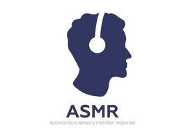 autonom sensorisk meridianrespons, asmr-logotyp eller ikon. manlig huvudprofil med hörlurar, njuter av ljud, viskning eller musik. vektor illustration platt linje stil