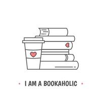 Stapel Bücher und Kaffee- oder Teetasse mit Herzsymbolen. Ich bin ein Bücherwurm-Zitat vektor
