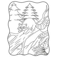 cartoon-illustration waschbären entspannen sich auf baumstämmen mitten im wald, um das sonnenbuch oder die seite für kinder schwarz und weiß zu genießen vektor