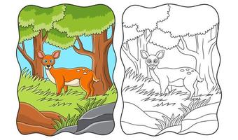 tecknad illustration ett rådjur som går i det höga gräset under ett stort träd och letar efter matbok eller sida för barn vektor