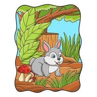 tecknad illustration en kanin som går i skogen och letar efter mat vektor
