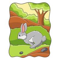 tecknad illustration kanin hoppar och springer letar efter mat i skogen vektor