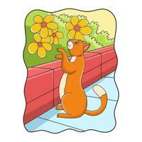 karikaturillustration die katze steht und schaut und berührt die blume hinter der hohen mauer vektor