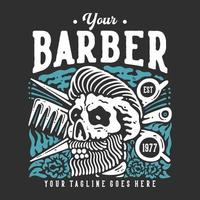 t-shirt entwerfen sie ihren friseur est 1977 mit stilvollem maskulinem schädel mit haaren mit grauer hintergrundweinleseillustration vektor