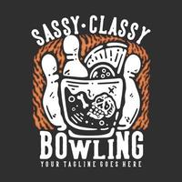 t-shirt design fräsch stilig bowling med pin bowling och dödskalle i glaset med grå bakgrund vintage illustration vektor