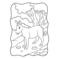 karikaturillustration ein pferd, das mitten im wald auf der suche nach nahrung geht, buch oder seite für kinder schwarz-weiß vektor