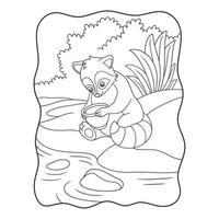 karikaturillustration der waschbär sitzt am fluss, hält das glas und spielt damit buch oder seite für kinder schwarz und weiß vektor