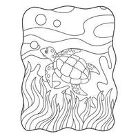 tecknad illustration sköldpaddor simmar i havet med några korallrev och marina växter bok eller sida för barn svart och vitt vektor