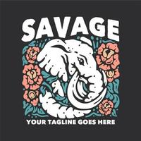 T-Shirt Design wild mit dem Elefanten, der eine Blume und eine graue Hintergrundweinleseillustration trägt vektor