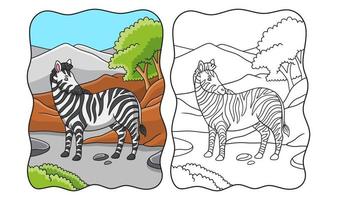 karikaturillustration zebra, das im wald unter dem berg spaziert und zurückschaut, buch oder seite für kinder vektor