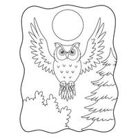 tecknad illustration en uggla som flyger stolt under fullmånens ljus i skogen bok eller sida för barn svart och vitt vektor