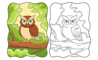 tecknad illustration uggla sitter på en stor trädstam under dagen bok eller sida för barn vektor