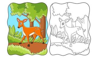 tecknad illustration rådjur som går under dagen i skogen och letar efter matbok eller sida för barn vektor