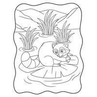 karikaturillustration der waschbär liegt und entspannt sich auf einem lotusblatt mitten im flussbuch oder auf einer seite für kinder schwarz-weiß vektor