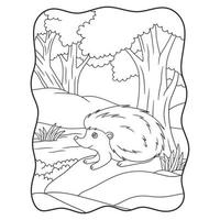 tecknad illustration en igelkott som går i skogen ensam och letar efter matbok eller sida för barn svart och vitt vektor