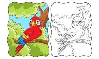 tecknad illustration papegojan är uppflugen på en hög och stor trädstam mitt i skogen och tittar tillbaka på bok eller sida för barn vektor