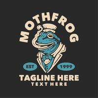 t-shirt design mottenfrosch mit tragendem anzug des frosches und grauer hintergrundweinleseillustration vektor