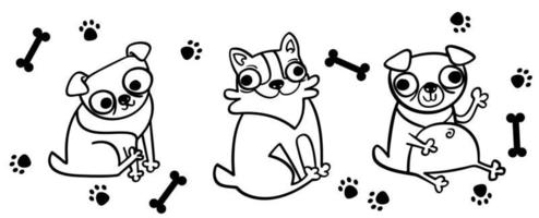 satz niedlicher skizzenumrisse gekritzelhunde möpse für karten banner und poster hunde. lustiger hund glücklich mops illustrationssatz von isolierten vektorzeichnungen. vektor