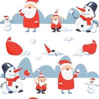 nahtlose musterillustration von weihnachtsmann, elf und schneemann. urlaub fröhlicher hellblauer hintergrund für kinder, frohe weihnachten und guten rutsch ins neue jahr. Vektor-Illustration. vektor