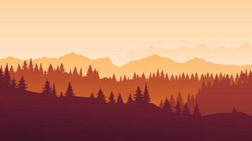 Vektor rote horizontale Landschaft mit Nebel, Wald, Fichte, Tanne und Sonnenuntergang. herbstillustration der panoramablicksilhouette, des nebels und der orangefarbenen berge. Bäume der Herbstsaison.