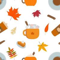 Vektor Herbst flach Kürbisgewürz Latte Saison nahtlose Muster. kaffeelattetasse, kakaobecher mit marshmallow, orangefarbener kürbisbecher, stück kuchen, herbstlaub. isoliert auf weißem Hintergrund.