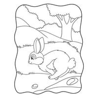 tecknad illustration kanin hoppar och springer letar efter mat i skogen bok eller sida för barn svart och vitt vektor