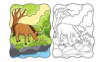 tecknad illustration en häst som äter gräs vid floden under ett stort träd bok eller sida för barn vektor