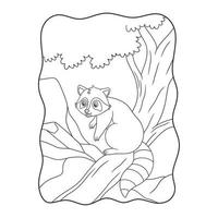 karikaturillustration der waschbär steht auf einem großen baumstamm und sucht nach einem lebensmittelbuch oder einer seite für kinder schwarz-weiß