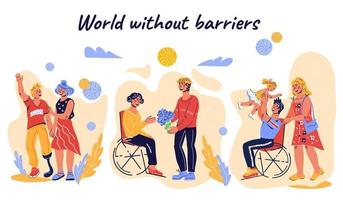 banner för världshandikappdagen med funktionshindrade i rullstol, leder aktiv livsstil, dejting och möte. personer med nedsatt rörlighet och fysiska funktionshinder. tecknad vektorillustration. vektor