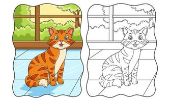 tecknad illustration katten står bakom fönstret i huset för att se landskapet bakom fönsterboken eller sidan för barn vektor