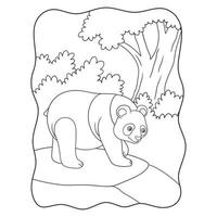 tecknad illustration en panda som går på en klippa mitt i en skog och letar efter matbok eller sida för barn svart och vitt vektor