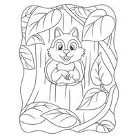 karikaturillustration das eichhörnchen, das vor dem loch in der tür seines hauses in einem großen baum mitten im wald steht buch oder seite für kinder schwarz und weiß vektor